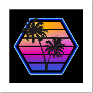 Synthwave Retro Hex Sunset Silhouette Design Posters and Art